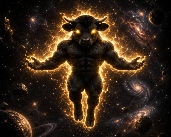 $BULLY as a cosmic god radiating golden energy in space