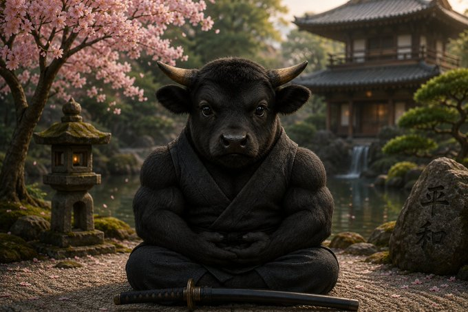 $BULLY meditating in a Japanese zen garden with a katana